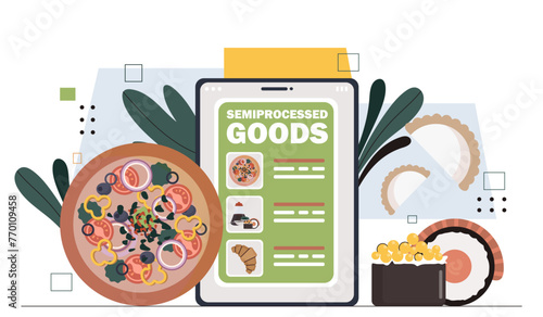 Semiprocessed goods production concept. Fastfood and takeaway eating at smartphone screen. Cafe or catering mobile application. Cartoon flat vector illustration isolated on white background