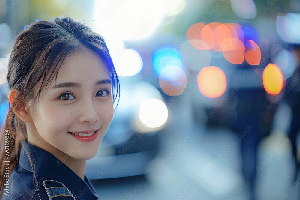 Obraz premium Asian woman wearing police officer uniform, patrol car background
