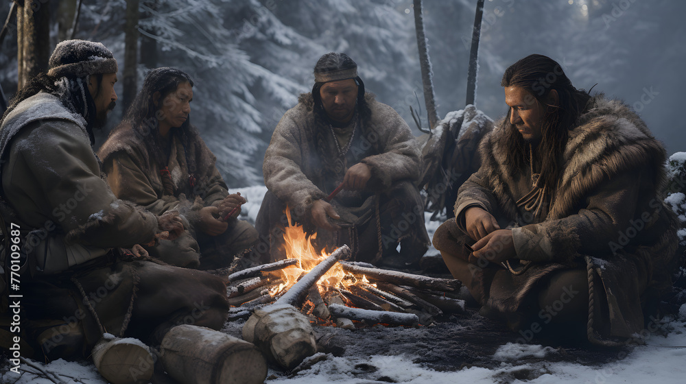 ultra-realistic photograph, viking travellers trading with native Americans in Canada, wearing furs, snow-covered forest in background, photo quality