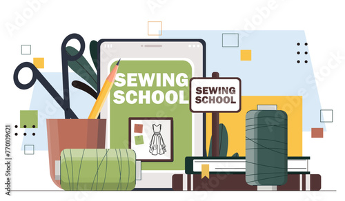 Sewing school concept. Threads and needles. Manufactory and production of clothes. Studio and workplace for seamstress and tailor. Cartoon flat vector illustration isolated on white background