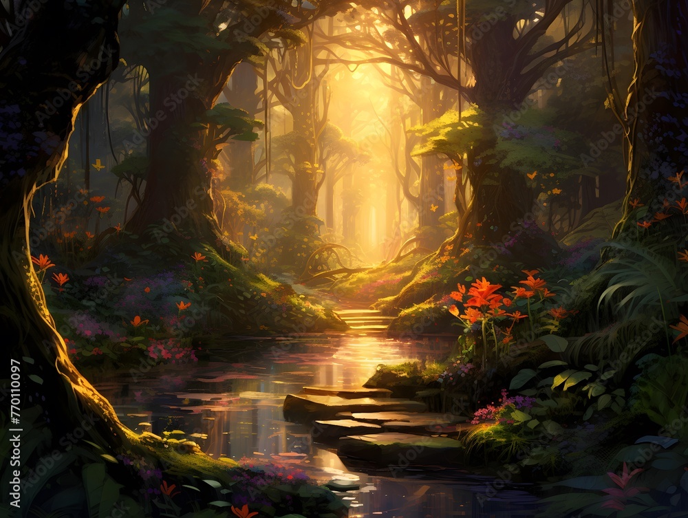 Digital painting of a woodland scene with a pond in a misty forest