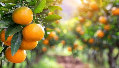 Bunch of fresh ripe oranges hanging on a tree in orange garden.