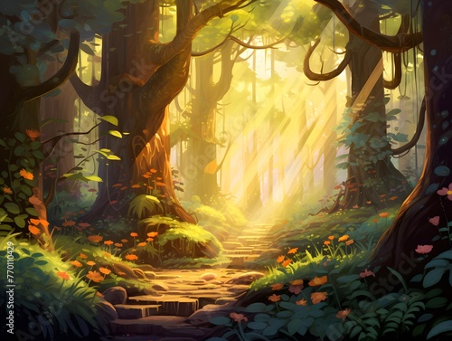Digital painting of a pathway in a mysterious forest with trees and plants.