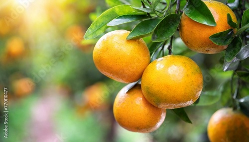 Bunch of fresh ripe oranges hanging on a tree in orange garden.