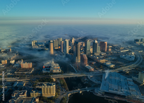 Downtown Tampa Skyline view from Air on foggy morning