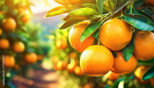 Bunch of fresh ripe oranges hanging on a tree in orange garden. 