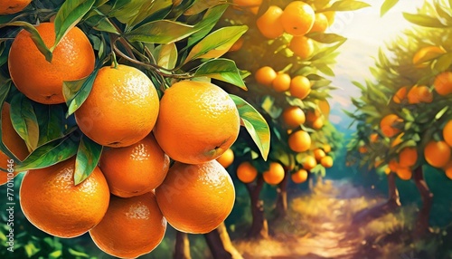 Bunch of fresh ripe oranges hanging on a tree in orange garden. 