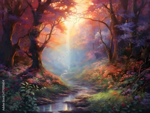 Beautiful fantasy landscape with a river in the forest at sunset.