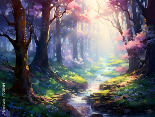 Beautiful fantasy landscape with river and trees. 3d illustration.