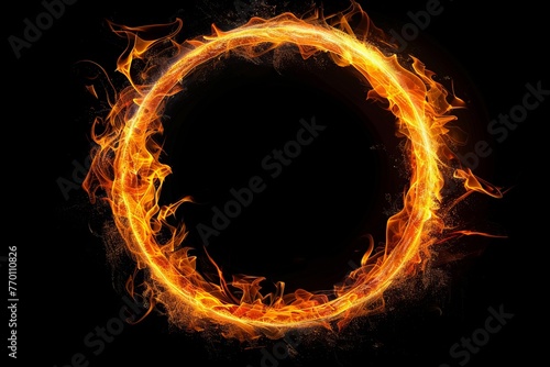 Circular frame of fiery flames burning in a circle, isolated on black background