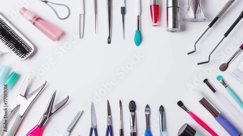 Set of Manicure and Pedicure Tools on White Background With Copy Space