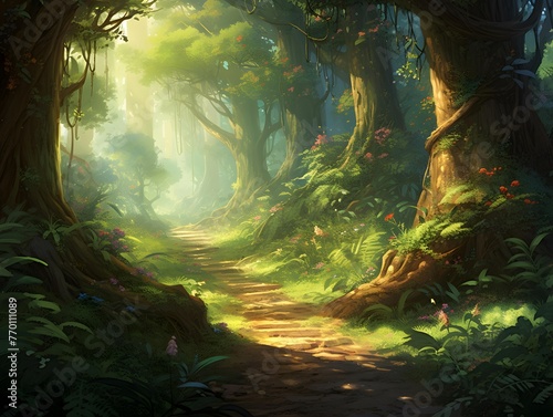 Mysterious forest with path and trees - 3D illustration.