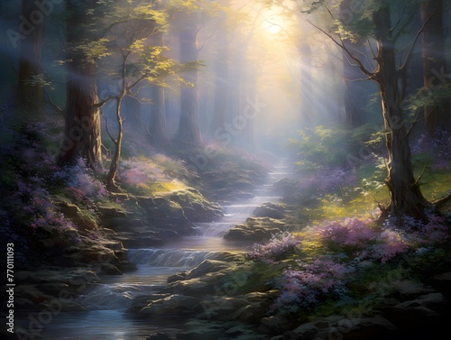 Digital painting of a forest river flowing through the forest with pink flowers