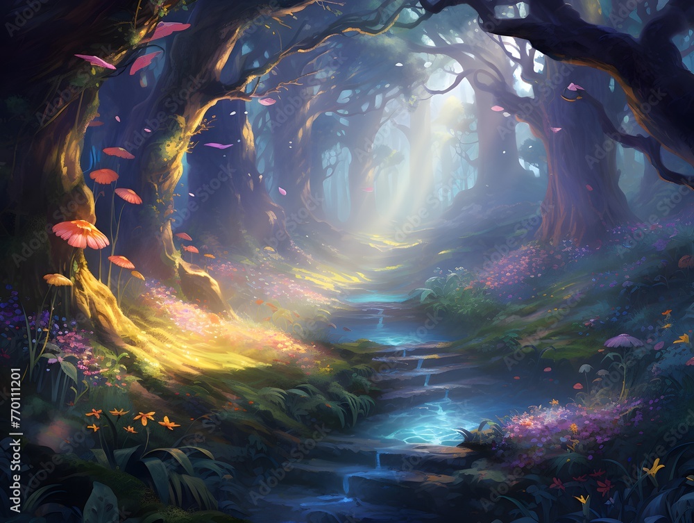 Fantasy landscape of a fantasy forest with trees and plants, 3d illustration