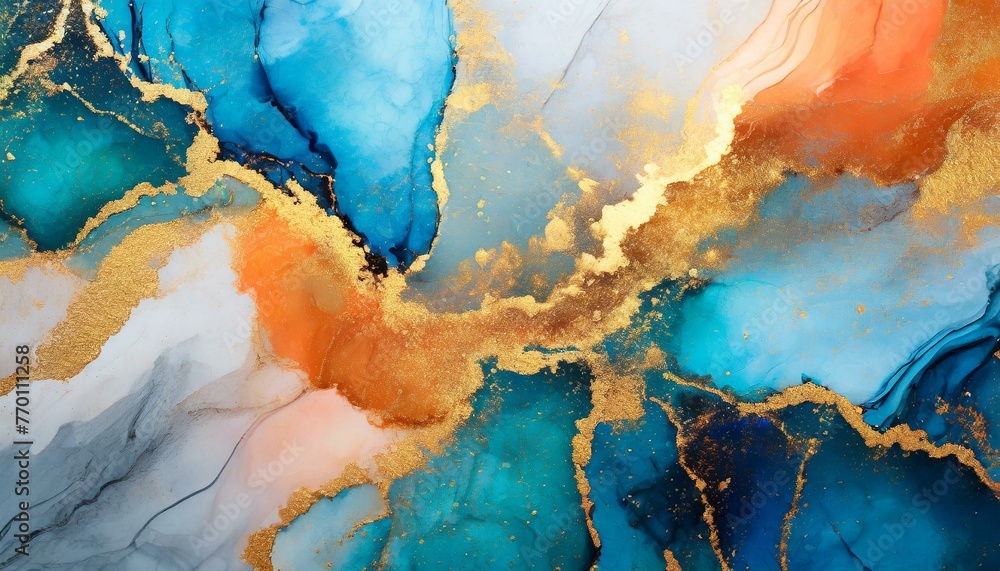 Fototapeta premium Marble ink abstract art background. Luxury abstract fluid art painting in alcohol ink technique, mixture of blue, orange and gold paints