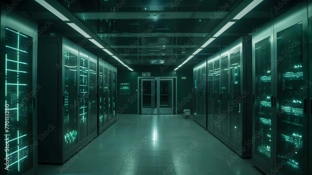 a computer server room is illuminated with lights and lights in the hallway a computer server room is illuminated with lights and lights in the hallway
