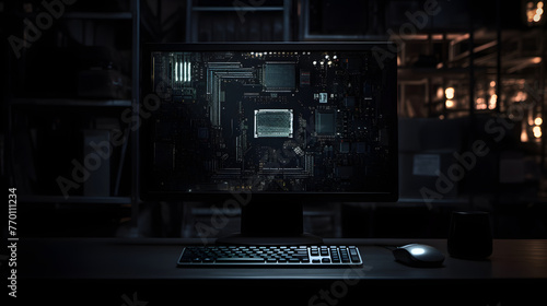 a computer is behind a dark background with binary code photo