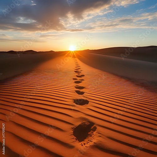 walking in the desert, sand is still, but theres sunset light that makes this beautiful, footsteps on the ground - generated by ai