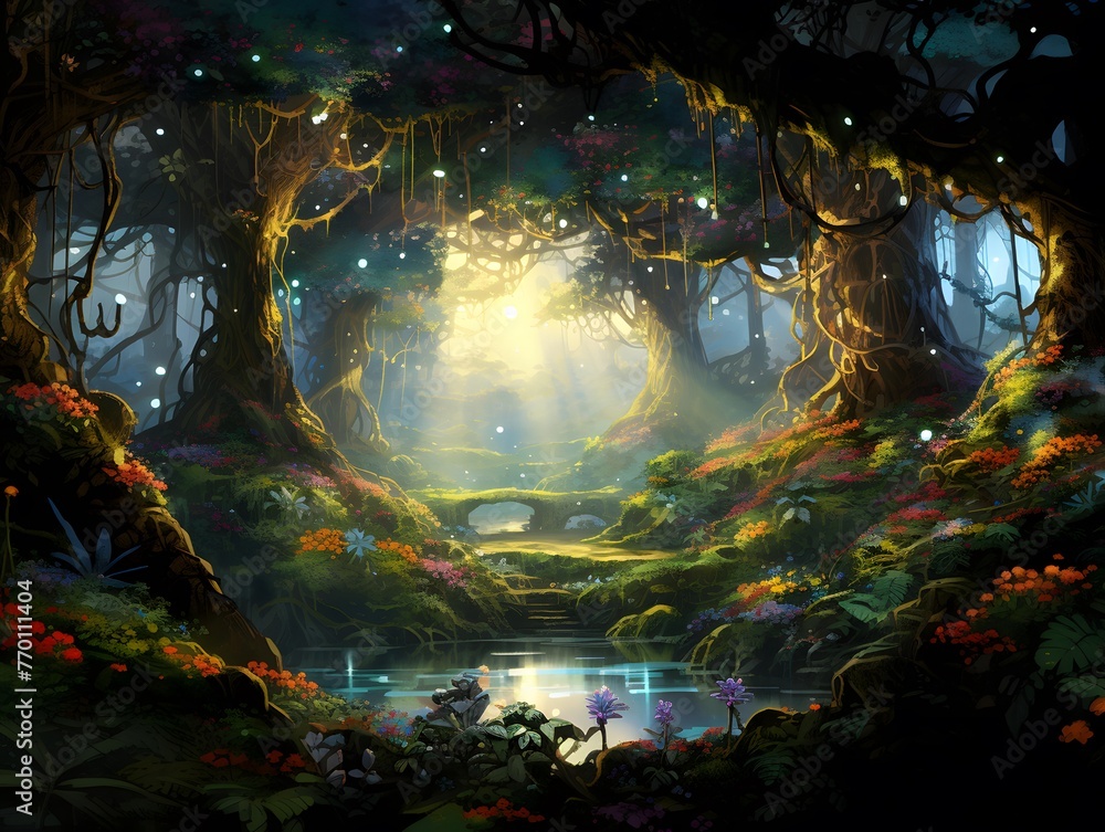 3D Illustration of a fantasy forest with lights and reflections.