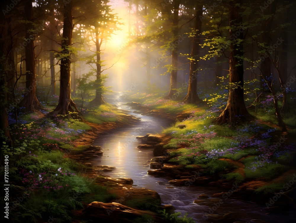 Digital painting of a river flowing through the forest during a foggy sunrise