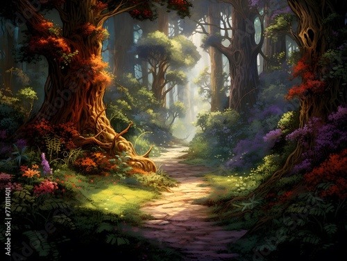 Fantasy forest with a path leading through the woods, 3d illustration