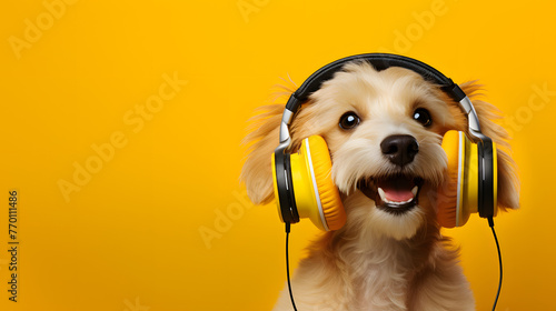 a dog on headphones smiling with place for text photo