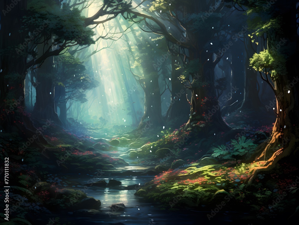 Fantasy landscape with a river in the forest. 3d rendering