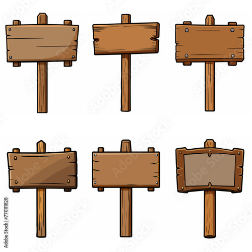 Wooden signboard set. Medieval vintage wood sign board on pole Road direction signpost collection. Rustic pointer Old blank information placard Wooden empty billboard, signboard panel. Cartoon vector.