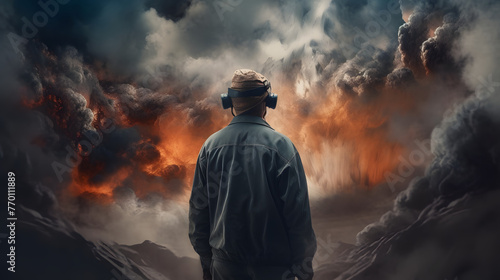 a man in the vr headset is standing against clouds