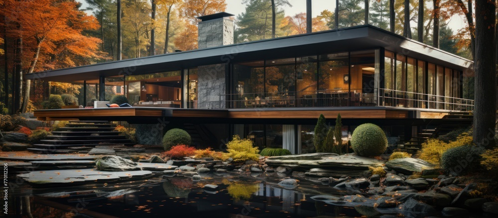 Autumn forest house in beautiful landscape