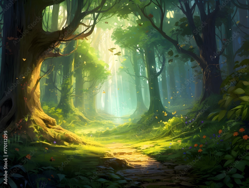 Mysterious green forest with a path in the middle, 3d render