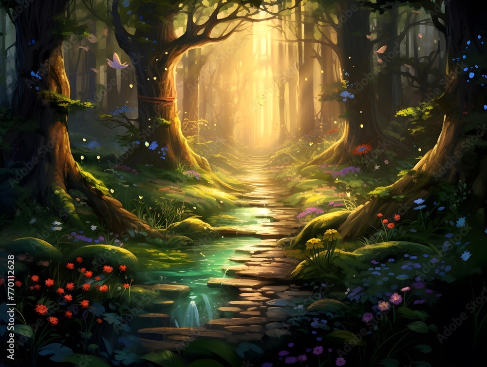 Fantasy landscape with forest, river and tree. Digital painting.
