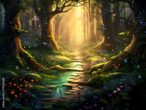 Fantasy landscape with forest, river and tree. Digital painting.