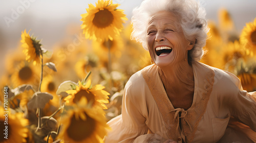 a smiling elder woman laughing while being among sunflowers