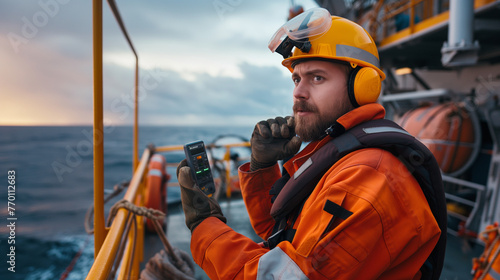 Deck Officer or Chief mate on deck of offshore vessel or ship , wearing PPE personal protective equipment - helmet, coverall. He holds VHF walkie-talkie radio in hands photo