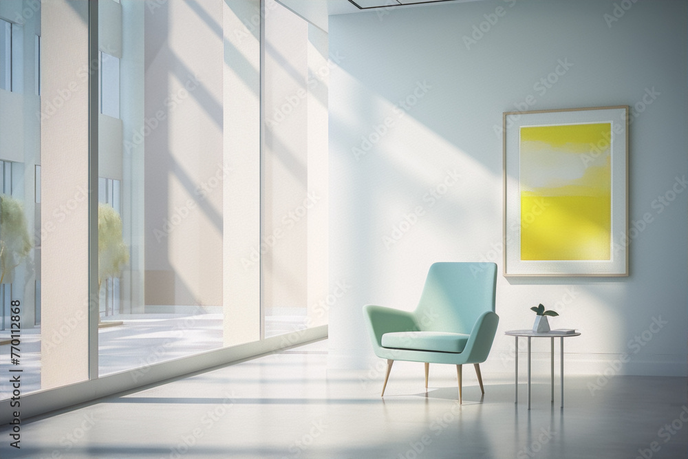 Fototapeta premium Blue armchair and yellow painting in a bright interior space with large windows, 3D rendering, interior design, minimalist, sunlight