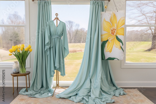 Elegant mint green maxi dress displayed on a clothing rack with a large botanical illustration of a yellow tulip on a white background hanging on the wall behind it.