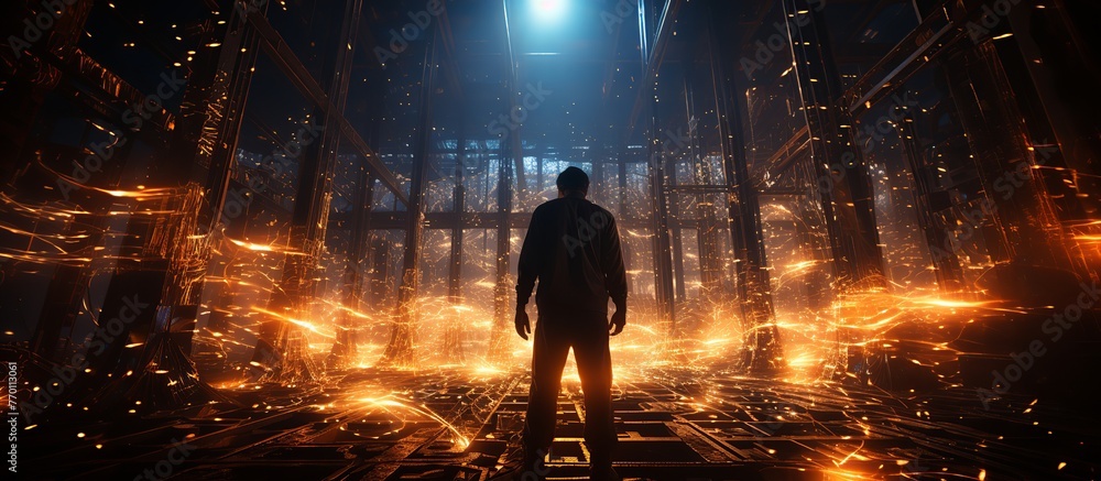 Worker in safety mask welding metal in factory. Metal industry.