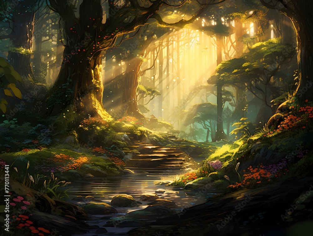 Fantasy forest with a path in the middle of the forest, 3d illustration