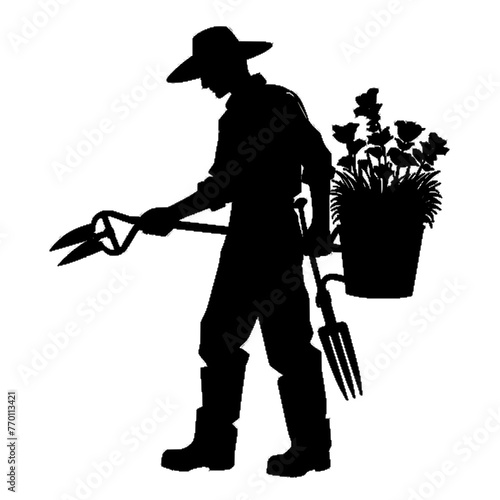 Black silhouette of a gardener on white background