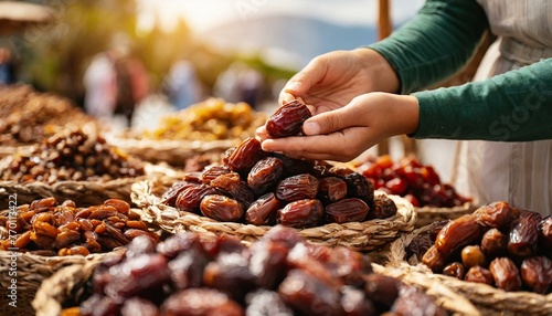 Close up of hands picking dried dates on at local market. photo