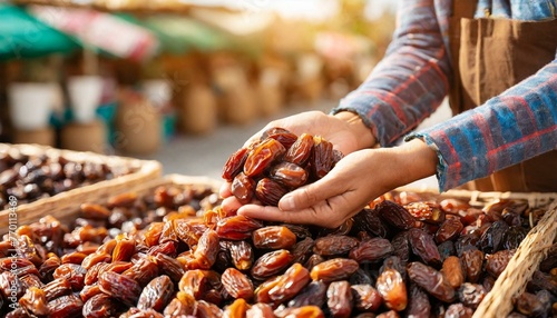 Close up of hands picking dried dates on at local market.