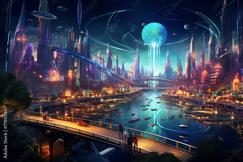 Futuristic City at Night With a Modern Bridge