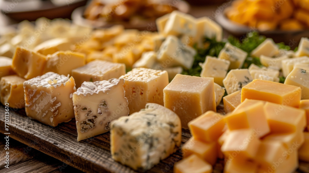 A variety of cheeses displayed on a wooden cutting board, showcasing different colors, textures, and types of cheese.