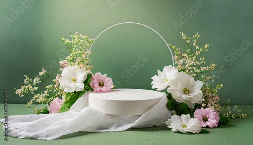 Empty round platform podium for cosmetic products advertising surrounded surreal fantasy pastel spring summer flowers and white fabric on green background 