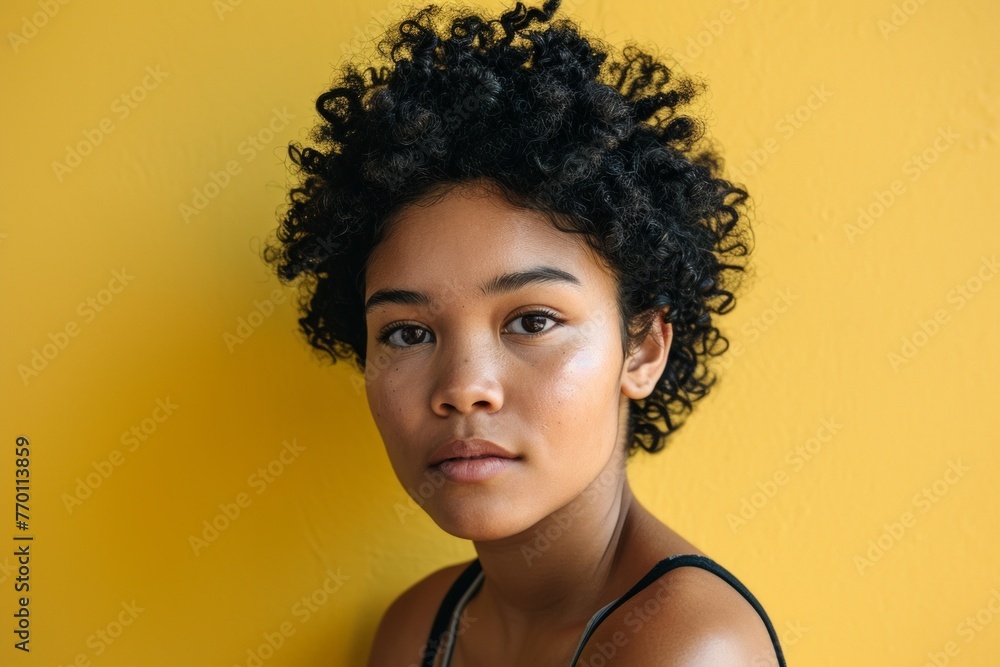 Portrait of young beautiful african american woman with curly hair on yellow background Portrait of young beautiful african american woman with curly hair on yellow background