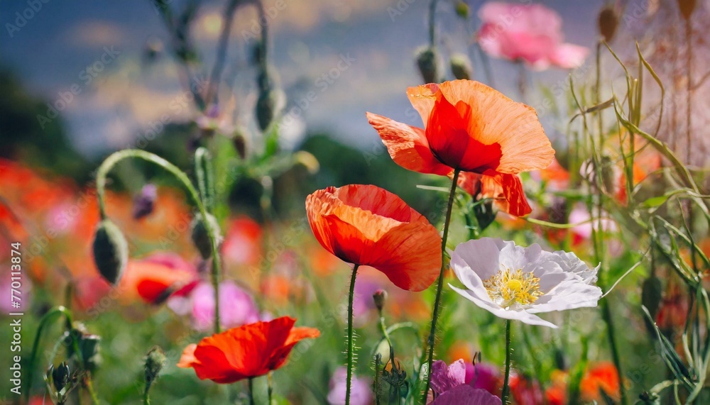 Fototapeta premium Firefly summer meadow with red poppies 
