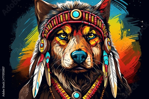 Wolf Wearing Indian Headdress