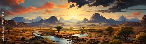 panoramic view of mountain range under colorful blue and orange sundown in evening time © KRIS