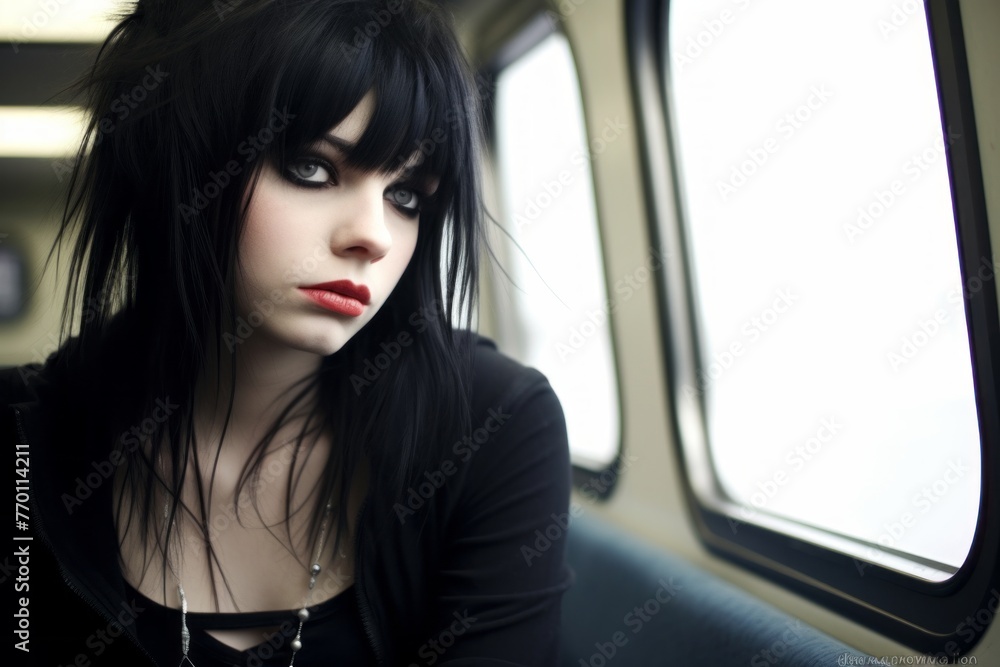 Woman With Long Black Hair Sitting on a Train Woman With Long Black Hair Sitting on a Train
